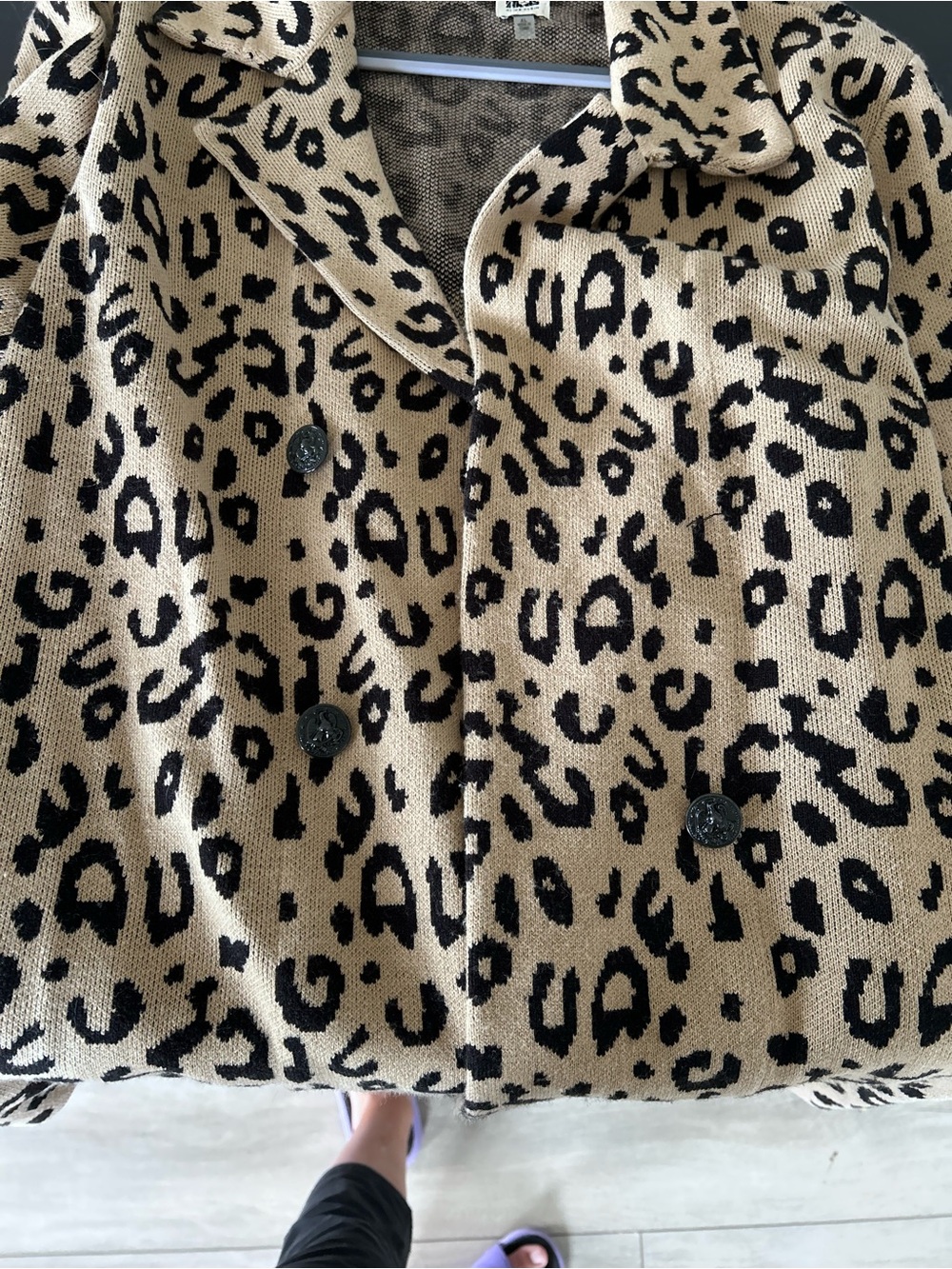 Anne Klein Tan Black Leopard Print Open Front Sweater Blazer Long Cardigan Layer - Picture 8 of 10